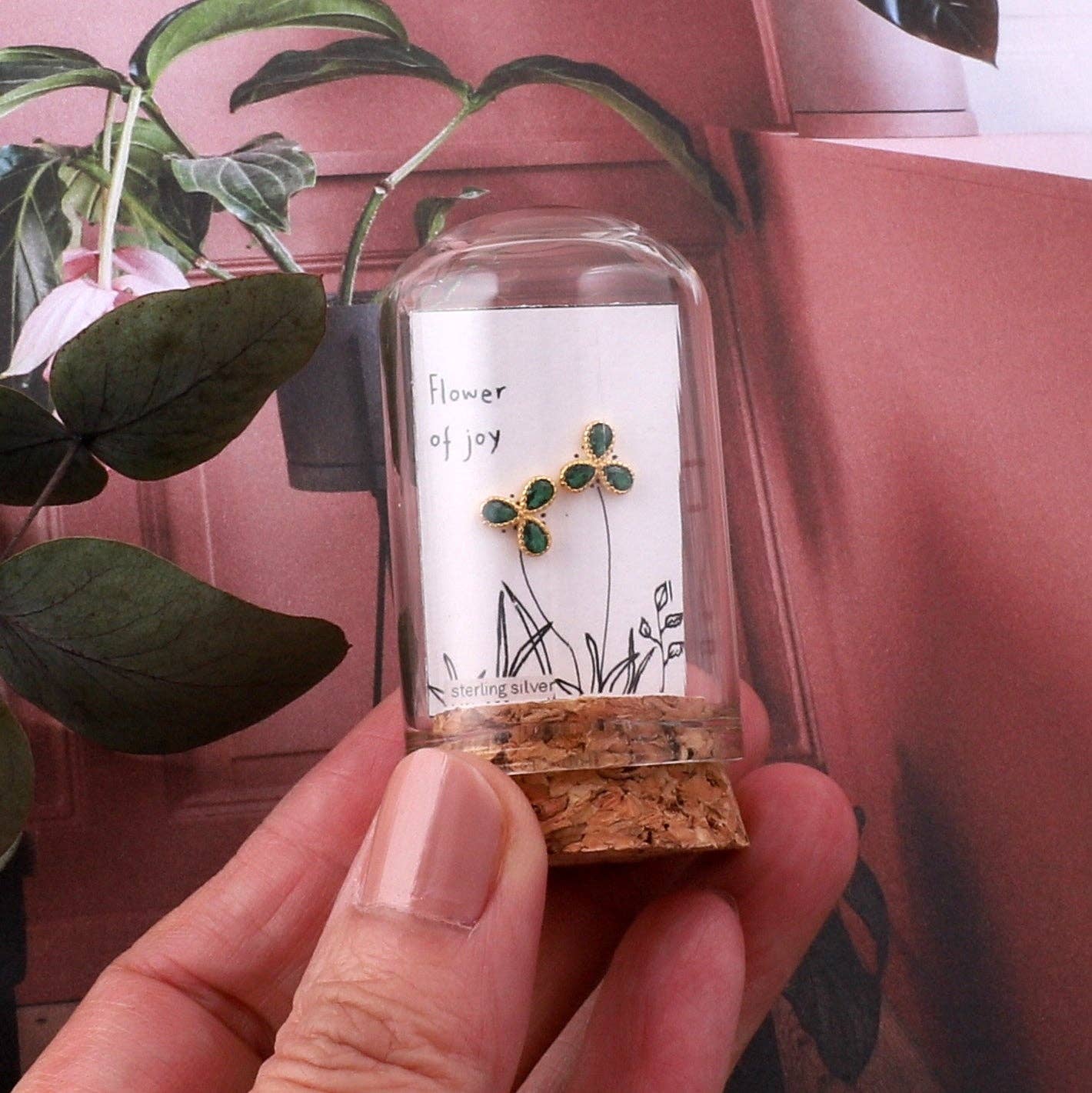 'Flower of joy' three SPIRAL petal green gem GOLD