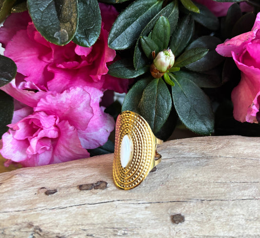 18ct Gold Plated White Jade Adjustable Ring