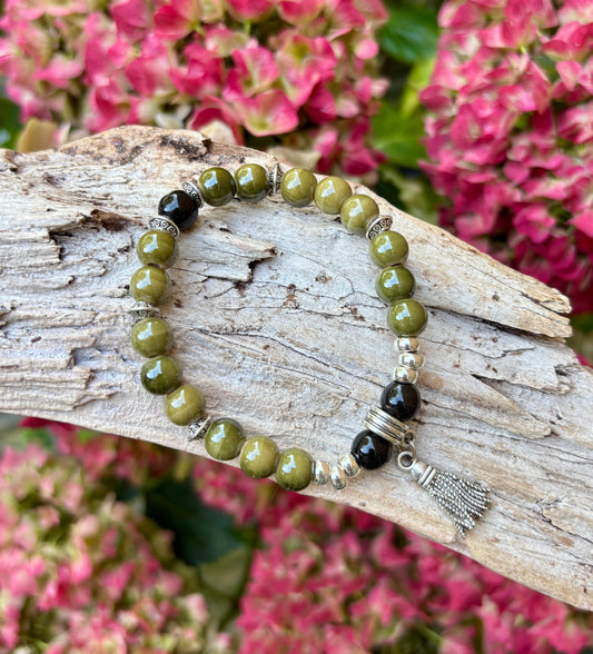 Ceramic Beads Bracelet With Tassel Charm - Olive Green