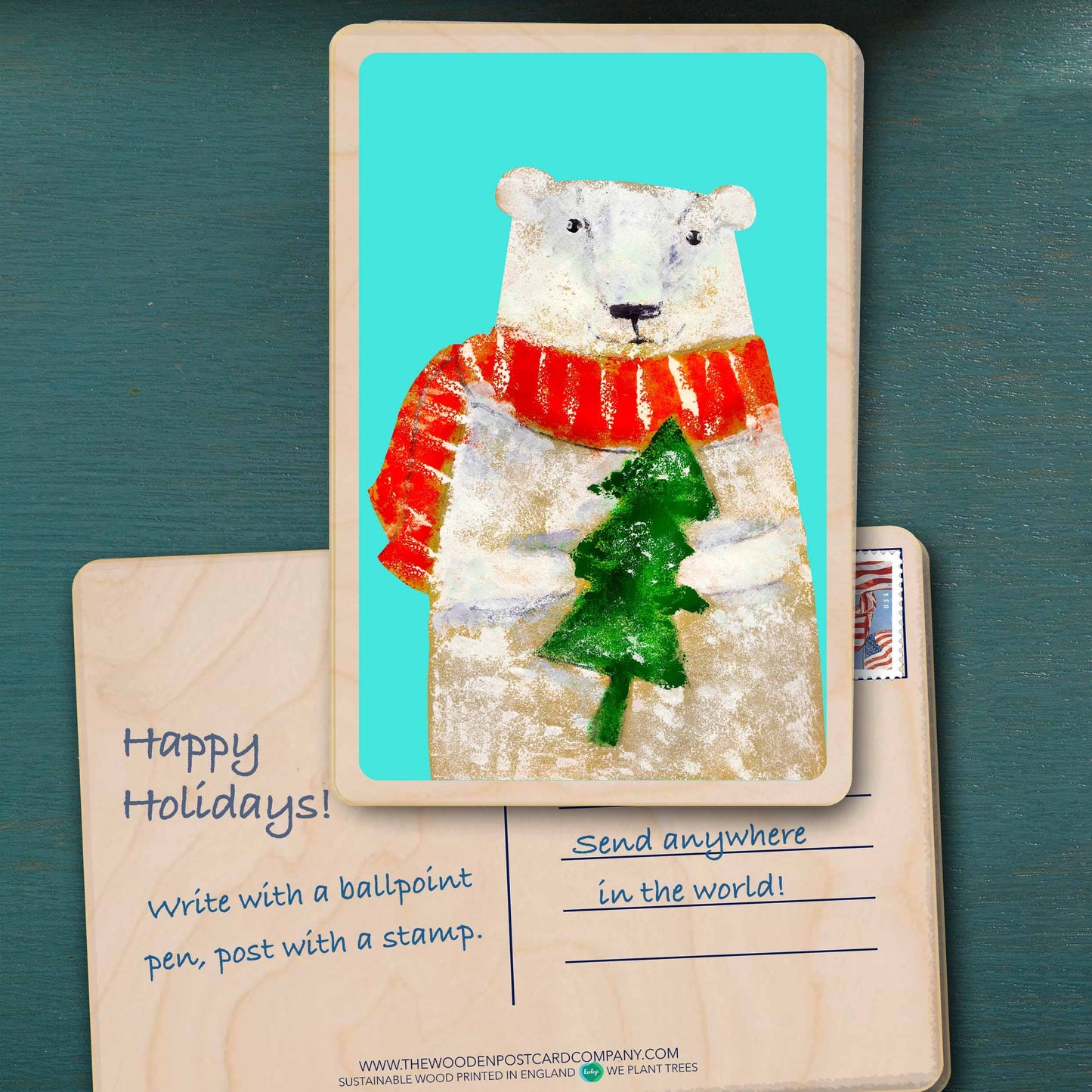 Festive Bear Christmas Wood Postcard