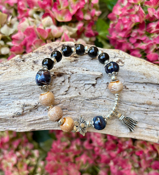 Ceramic Beads Bracelet With Tassel Charm - Beige and Black