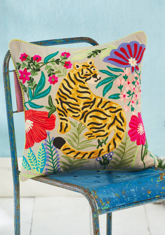 Mahima Embroidered Tiger Cushion Cover, 45 X 45cm