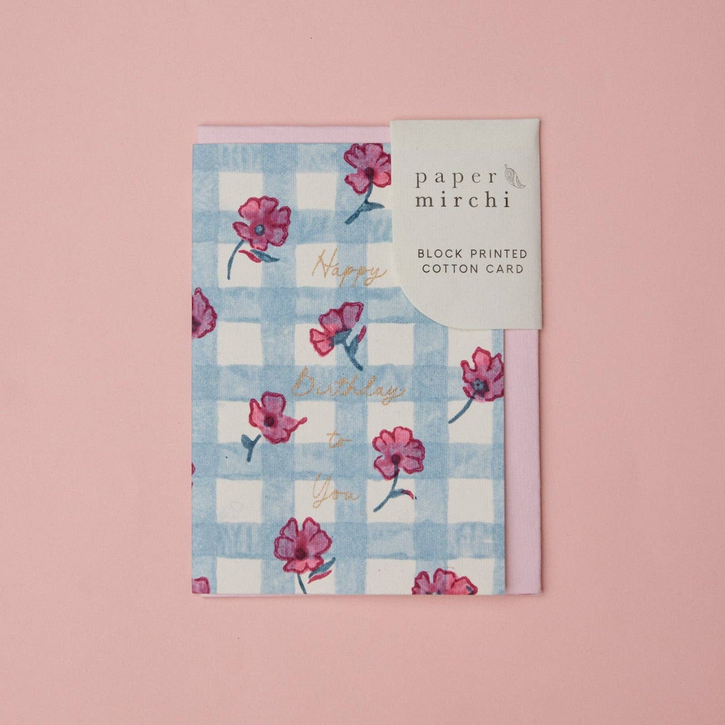 Hand Block Printed Greeting Card - GC Gingham Pink Sorbet HB