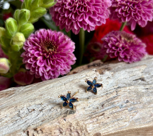 14ct Gold Plated Blue Cubic Zirconia Flower Stud Earrings