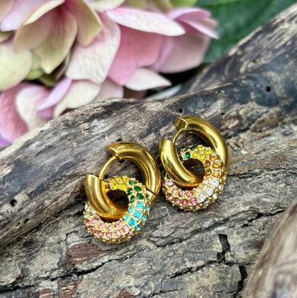 18ct Gold Plated Multi Colour Cubic Zirconia Doughnut Earrings