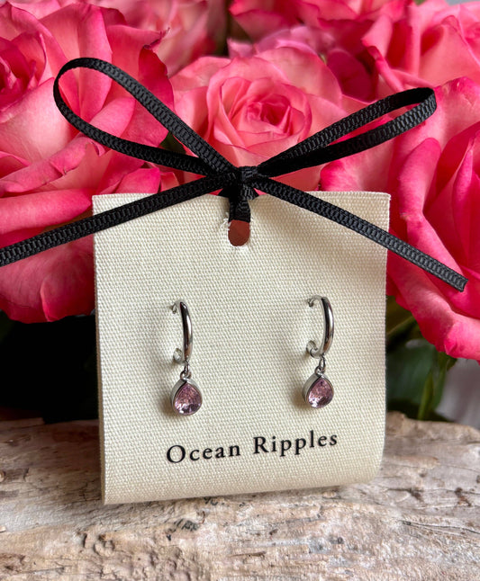 Silver Pink Cubic Zirconia Teardrop Huggie Earrings