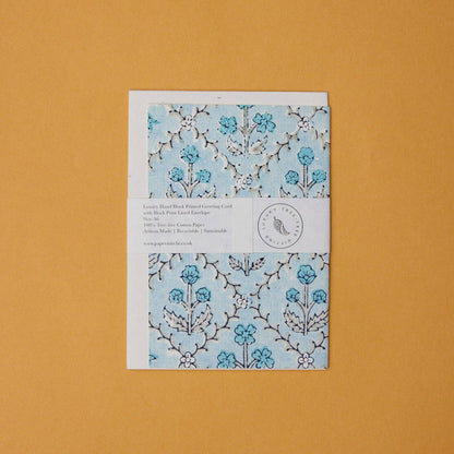 Hand Block Printed Greeting Card - GC Floral Lattice Blue Opal