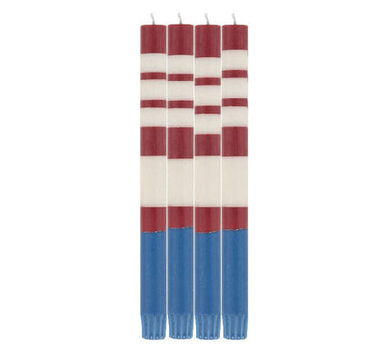 Striped Guardsman Red, Royal Blue & Pearl White Eco Dinner Candles, 4 per pack