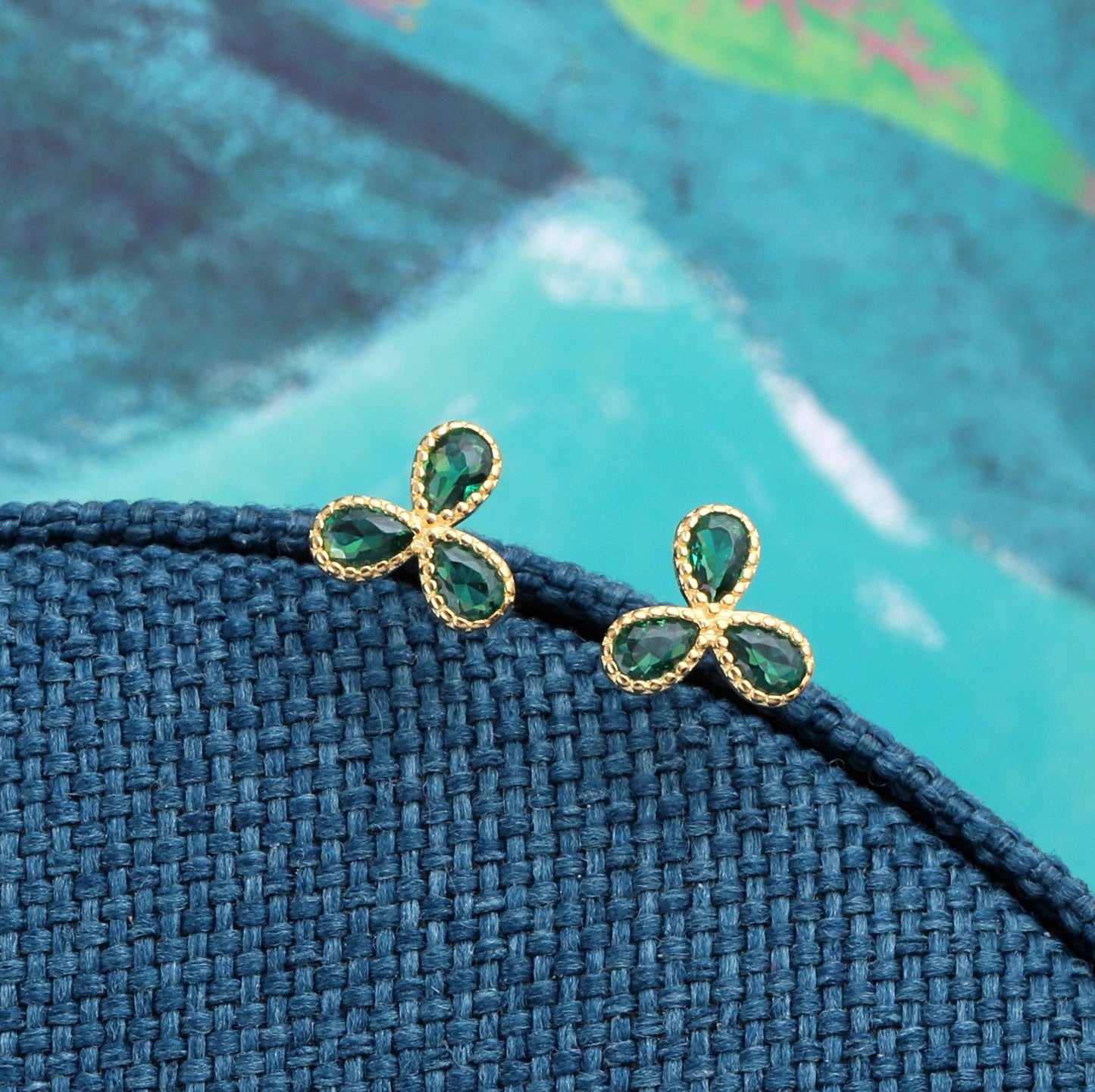 'Flower of joy' three SPIRAL petal green gem GOLD