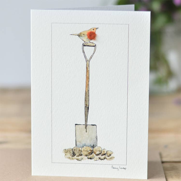 Robin on a Spade Card with Wool Finish | C6 Greeting Card