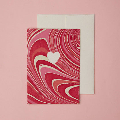 Hand Marbled Greeting Card - Die Cut Heart Pink Marble