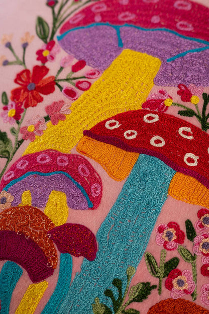 Pink Embroidered Toadstools Cushion