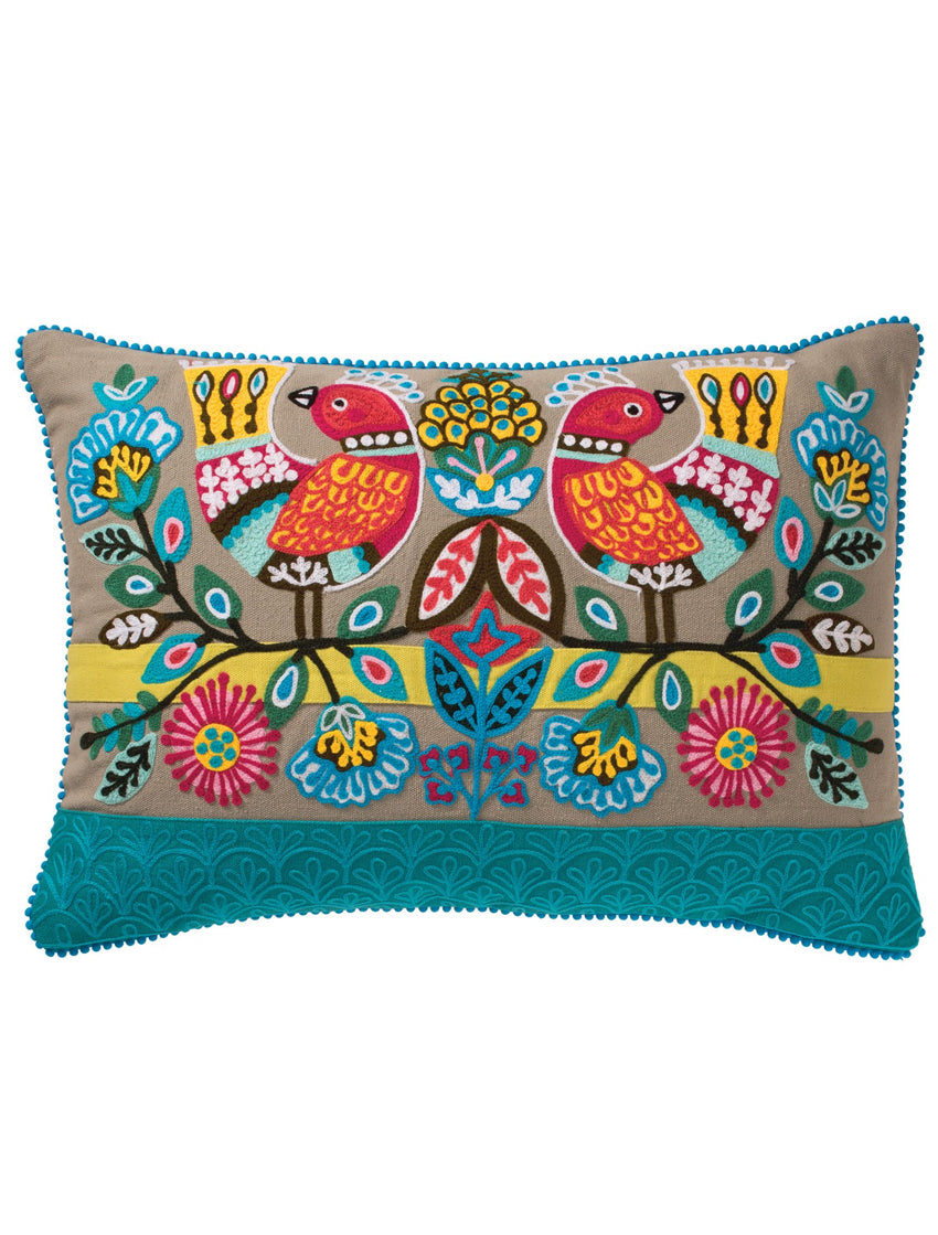 Embroidered Bird Cushion - Horizontal