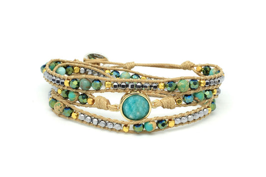 Teal Amazonite Gemstone 3 Wrap Bracelet
