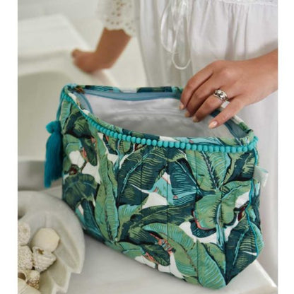 Green Leaf Print Lined Wash Bag