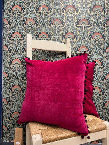 Dark Pink Velvet Cushion with Pom Poms