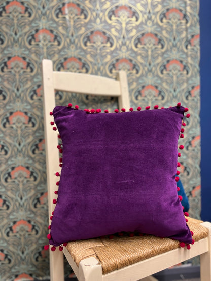 Purple Velvet Cushion with Pom Poms