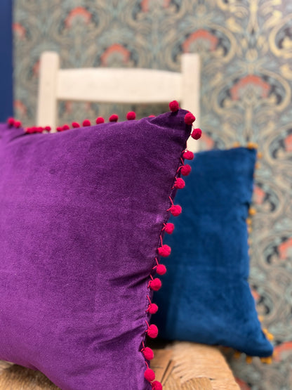 Purple Velvet Cushion with Pom Poms