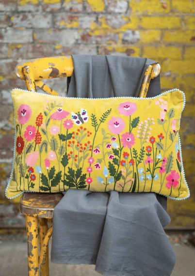 Mustard Embroidered Floral Cushion