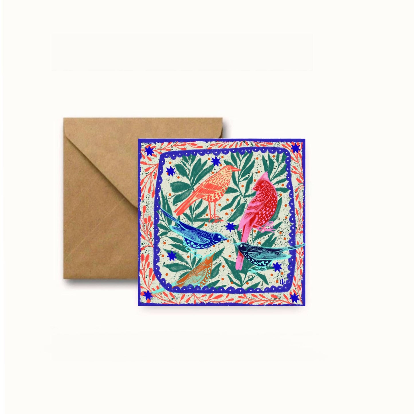 Five birds square greeting card 14x14 cm.