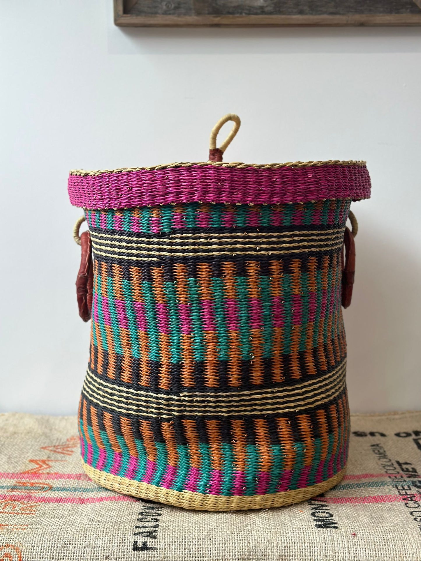 Pink African Log Basket With a Lid