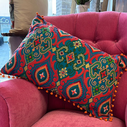 Teal Pom Pom Embroidered Cushion