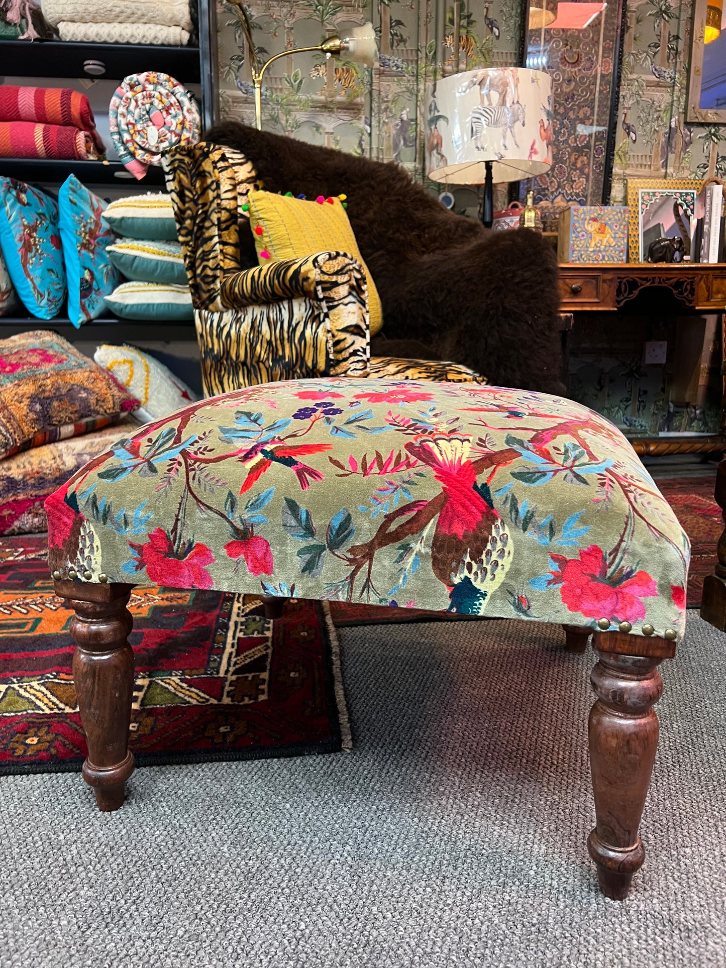Birds of Paradise Footstool in Olive