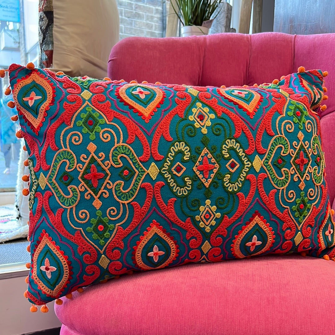 Teal Pom Pom Embroidered Cushion