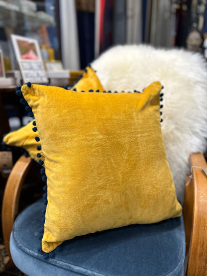 Mustard Velvet Cushion with Pom Poms