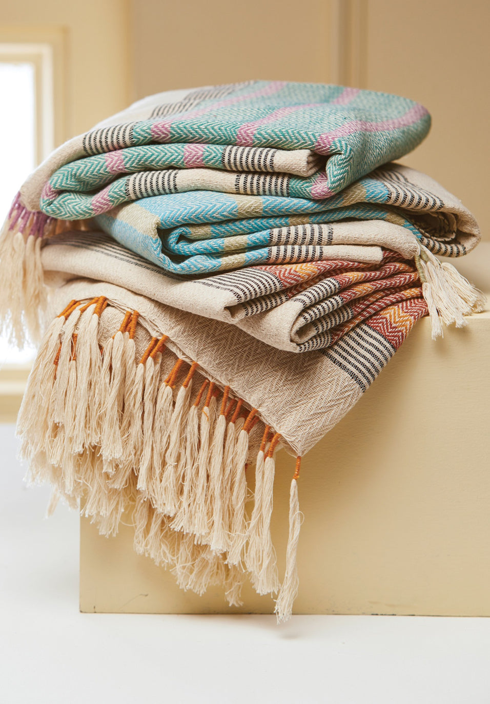 Recycled Green & Pink Stripe Throw With Tassels