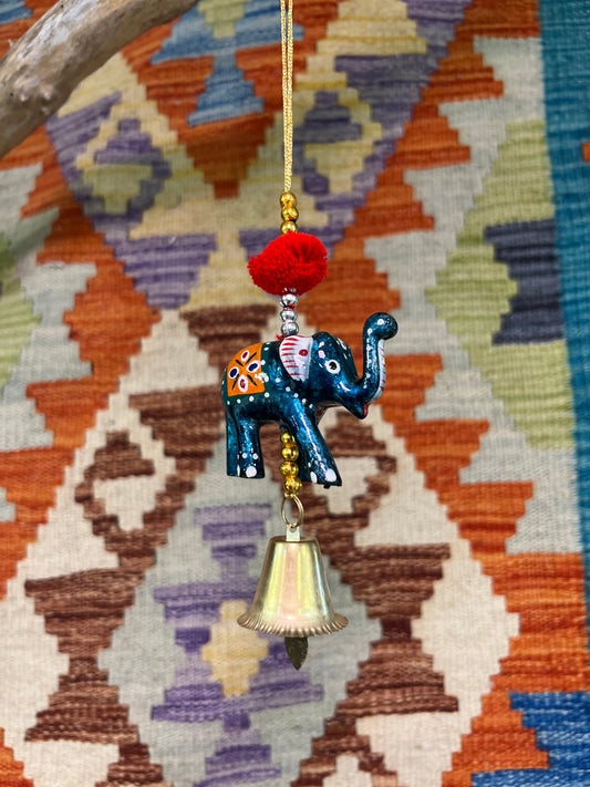 Hanging Hand Painted Elephant Bell- Blue