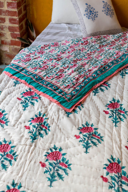 Hand Printed Floral Quilt- Single Bedspread