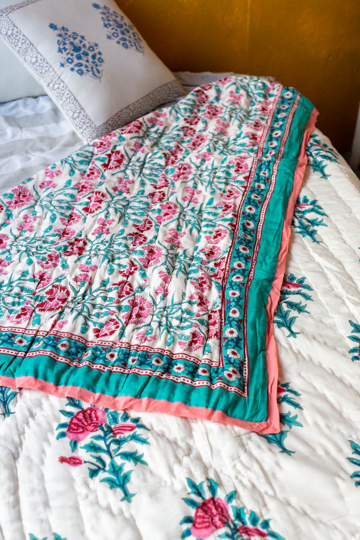 Hand Printed Floral Quilt- Single Bedspread